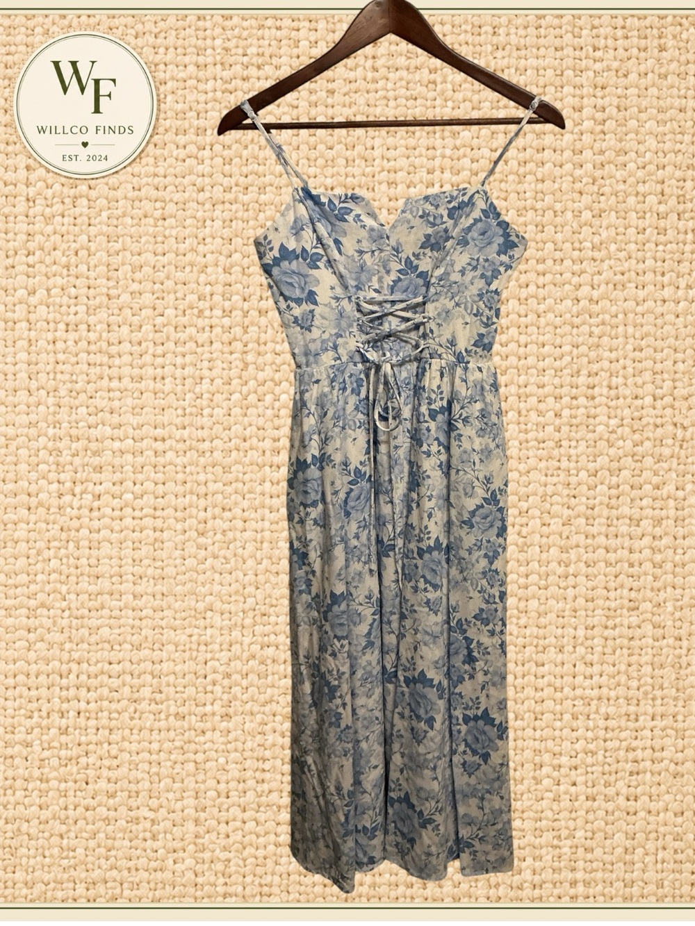 Altar’d State S Blue Floral Corset Lace Up Maxi Dress Rayon Linen